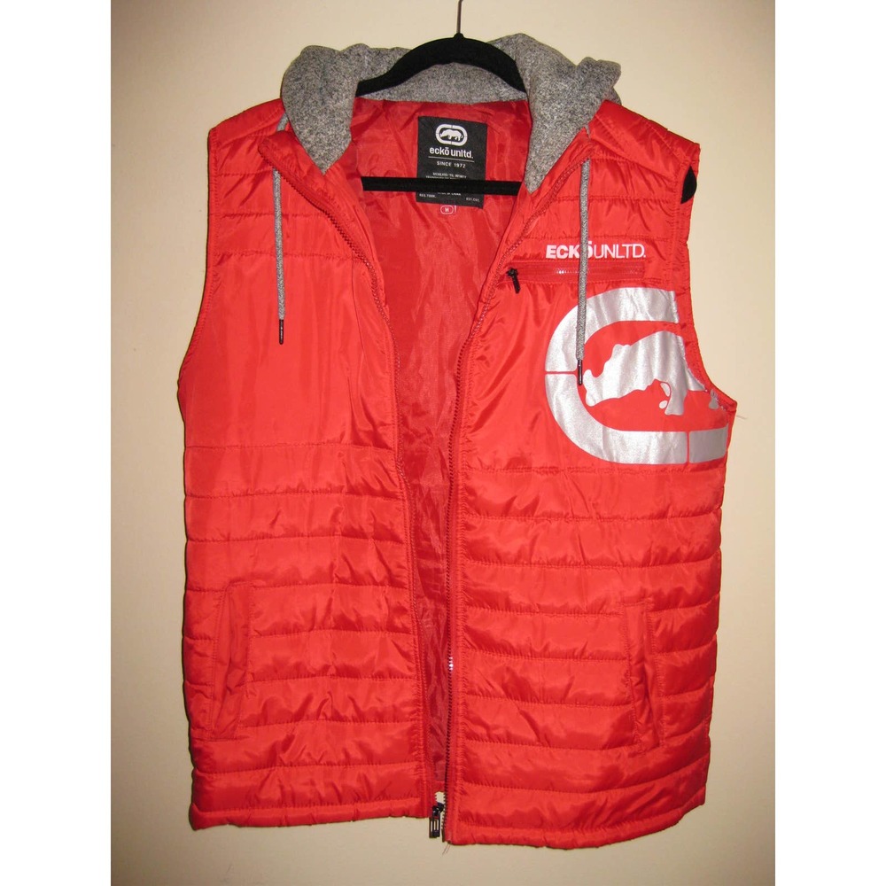 Ecko Unltd. Red Sleeveless Hoodie Puffer Zip-Up Vest- Size M
